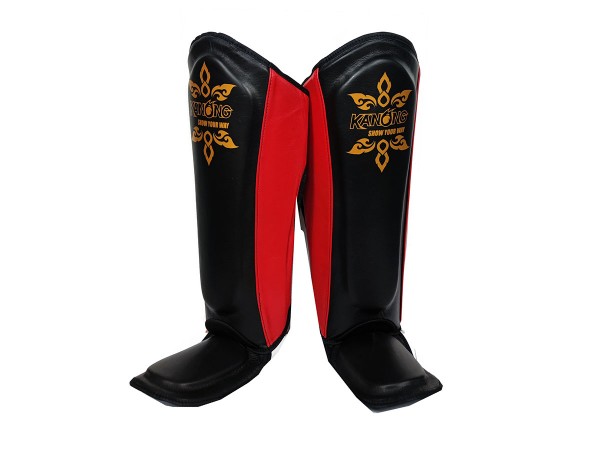 Kanong Muay Thai Leather Shin Pads : Red/Black